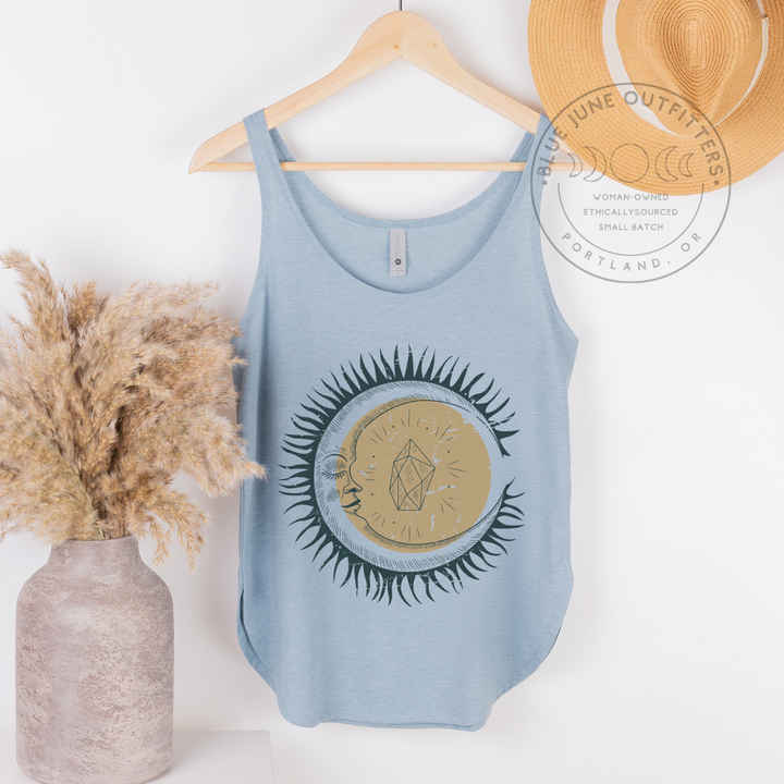 Celestial Moon Face And Crystals | Women's Festival Tank