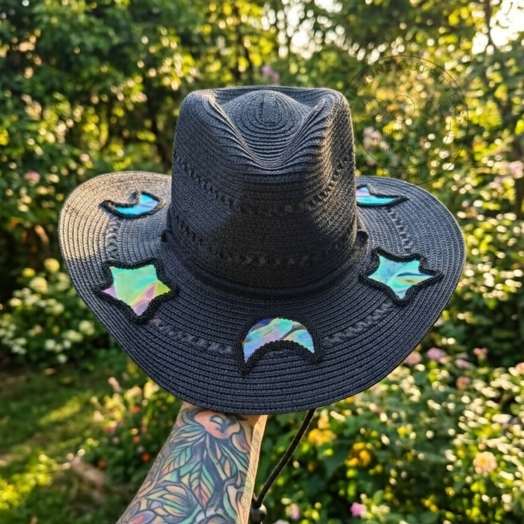 Celestial Straw Cowboy Hat – Breathable Papyrus Summer Festival Hat with Reflective Moon & Star Inlays