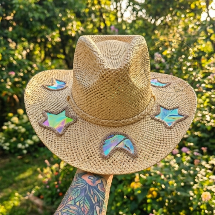Celestial Straw Cowboy Hat – Breathable Papyrus Summer Festival Hat with Reflective Moon & Star Inlays