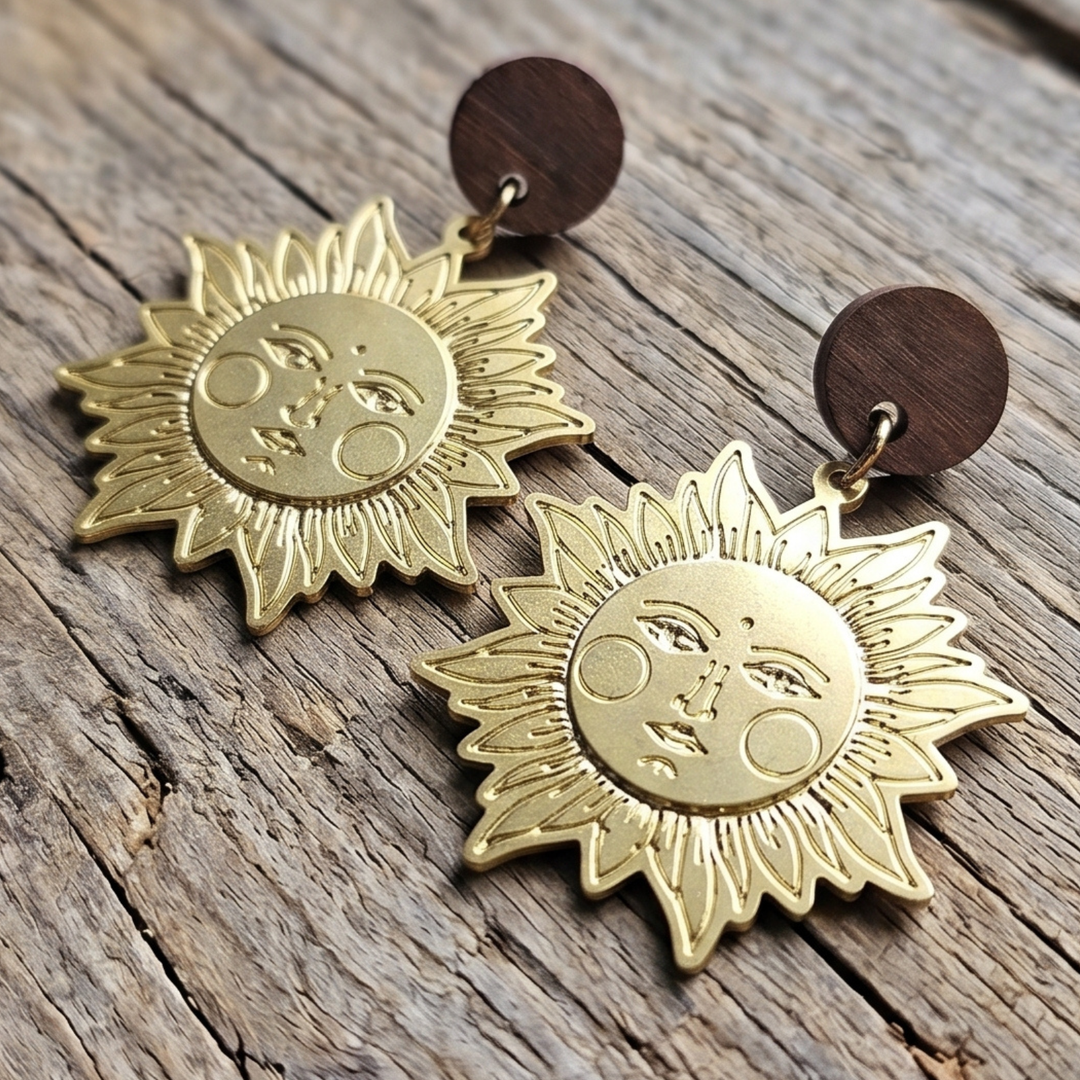 The Sol Invictus Earrings – Laser-Etched Raw Brass Sun & Wood Statement Drops