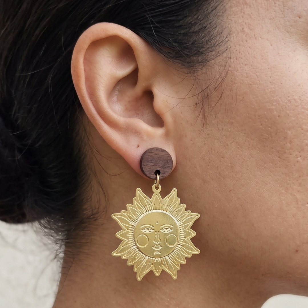 The Sol Invictus Earrings – Laser-Etched Raw Brass Sun & Wood Statement Drops
