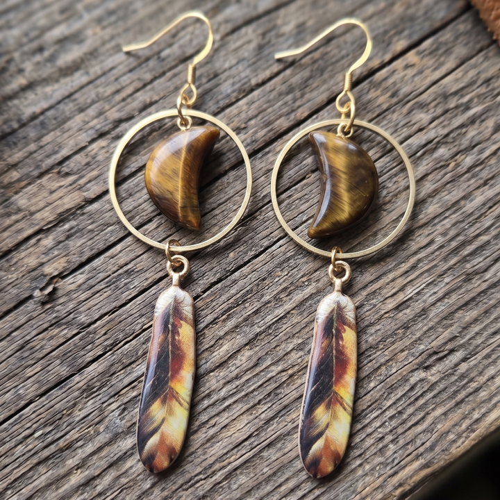 Tiger's Eye Crescent Moon & Enamel Feather Boho Dangle Earrings