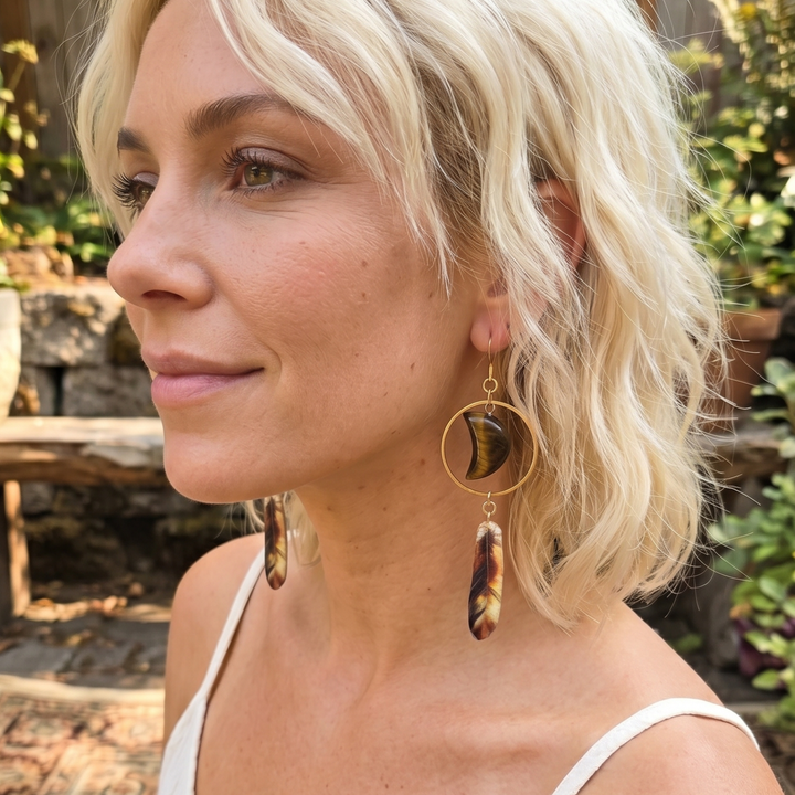 Tiger's Eye Crescent Moon & Enamel Feather Boho Dangle Earrings