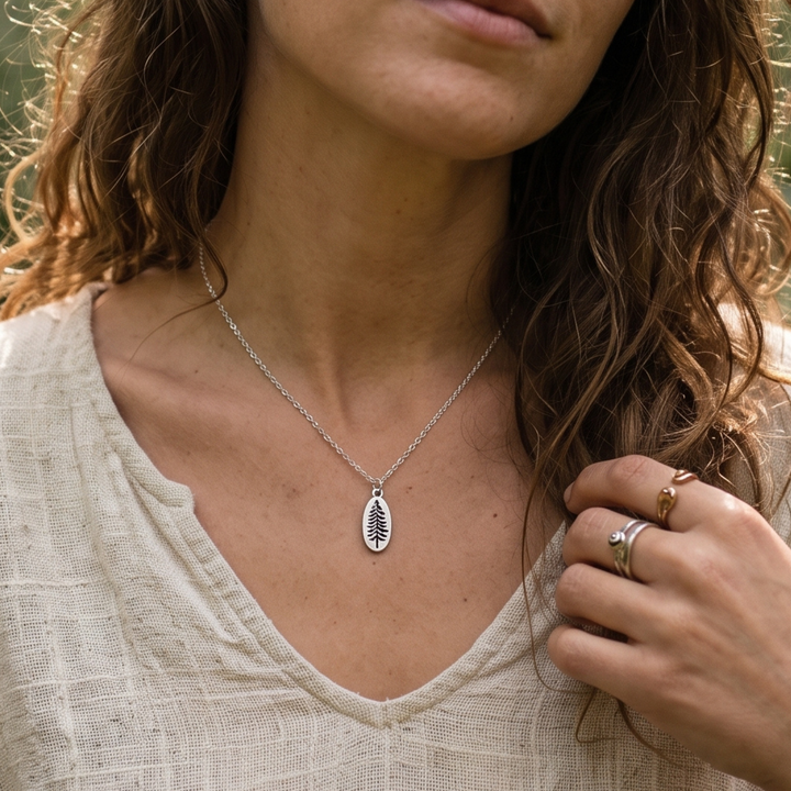 Silver Fir Tree Pendant Necklace – Evergreen Forest Charm on Stainless Steel Chain