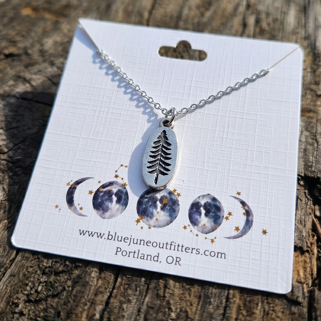 Silver Fir Tree Pendant Necklace – Evergreen Forest Charm on Stainless Steel Chain