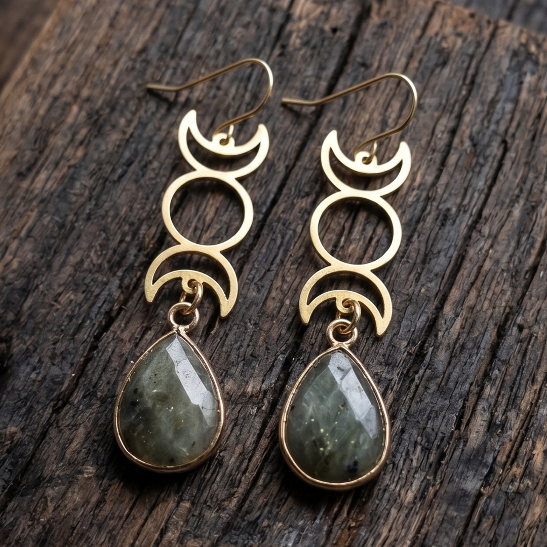 Triple Moon Phase Labradorite Drop Earrings | Raw Brass Celestial Boho Dangles