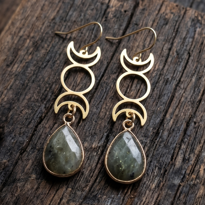 Triple Moon Phase Labradorite Drop Earrings | Raw Brass Celestial Boho Dangles