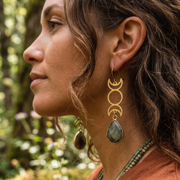 Triple Moon Phase Labradorite Drop Earrings | Raw Brass Celestial Boho Dangles