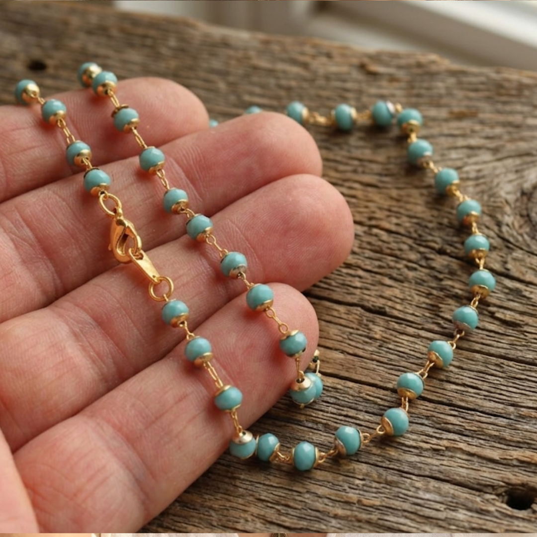Turquoise Glass Crystal Choker Necklace - 24k Gold Plated - 16 Inch Boho Layering Necklace