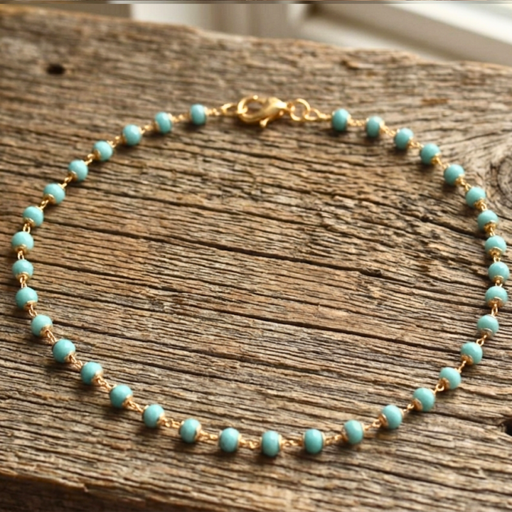 Turquoise Glass Crystal Choker Necklace - 24k Gold Plated - 16 Inch Boho Layering Necklace