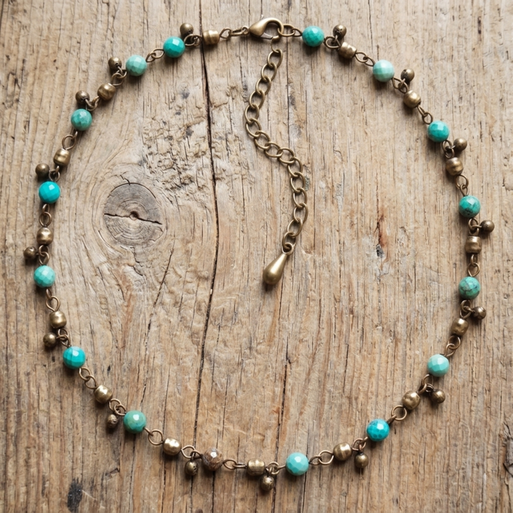 Faceted Turquoise Magnesite & Raw Brass Boho Choker Necklace – 16" to 18"