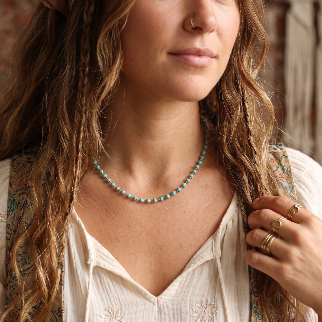 Turquoise Glass Crystal Choker Necklace - 24k Gold Plated - 16 Inch Boho Layering Necklace