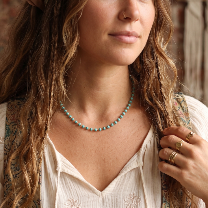 Turquoise Glass Crystal Choker Necklace - 24k Gold Plated - 16 Inch Boho Layering Necklace