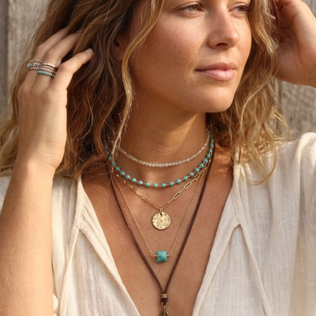 Turquoise Glass Crystal Choker Necklace - 24k Gold Plated - 16 Inch Boho Layering Necklace