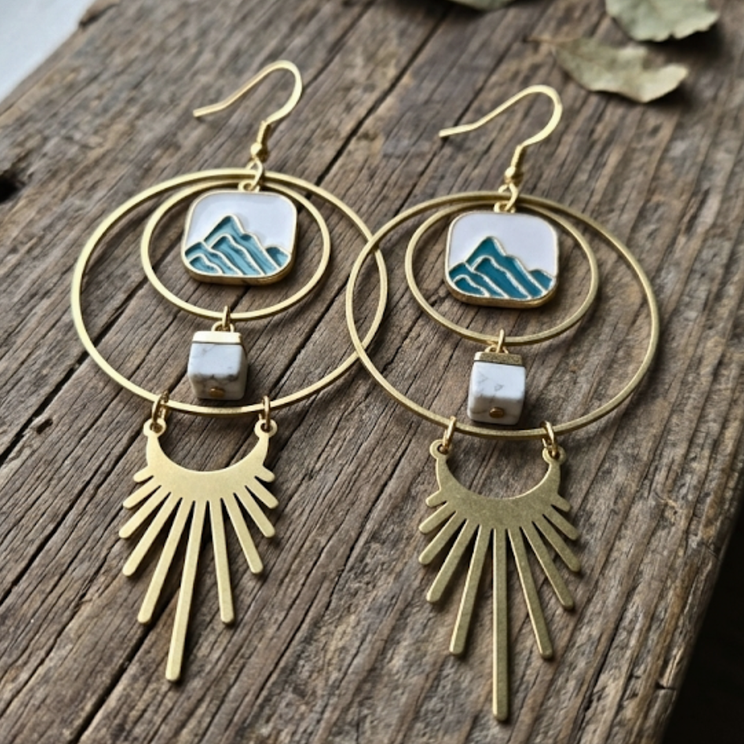 Boho Celestial Mountain Earrings – Mixed Metal & Howlite Stone – 3.5" Gold Dangle Hoops