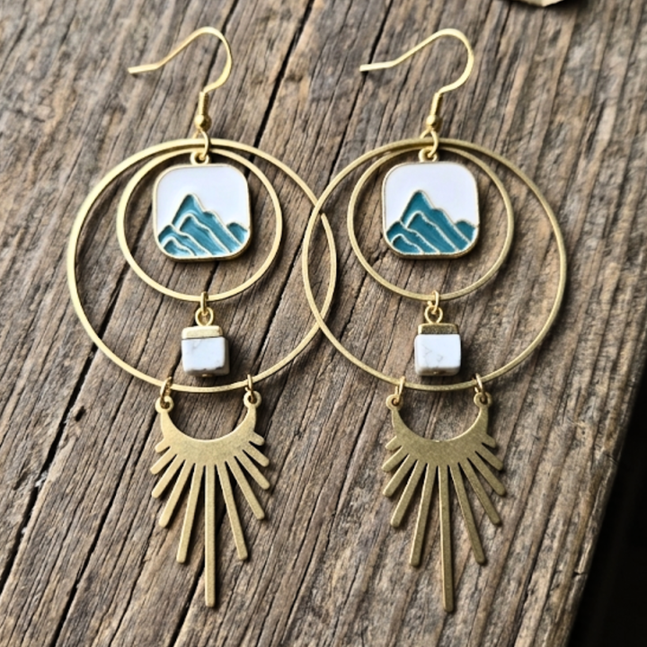 Boho Celestial Mountain Earrings – Mixed Metal & Howlite Stone – 3.5" Gold Dangle Hoops