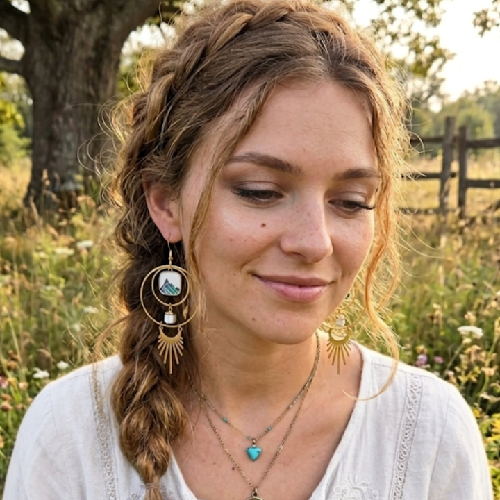 Boho Celestial Mountain Earrings – Mixed Metal & Howlite Stone – 3.5" Gold Dangle Hoops