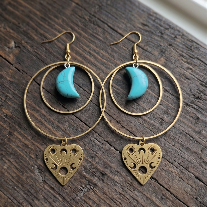 Turquoise Crescent Moon Raw Brass Dangle Earrings | Boho Celestial