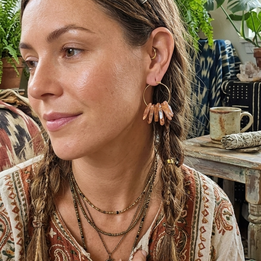 Raw Peach Aura Quartz Crystal Hoop Earrings – 18k Gold Boho Hoops, 30mm