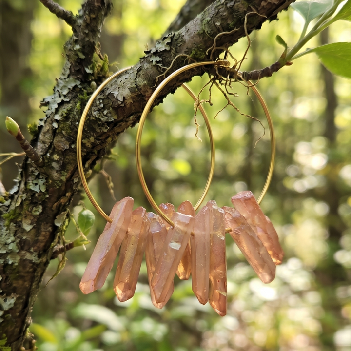 Raw Peach Aura Quartz Crystal Hoop Earrings – 18k Gold Boho Hoops, 30mm