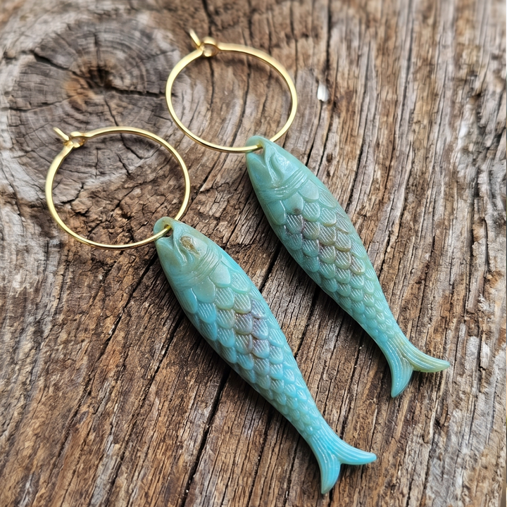 Boho 18k Gold Plated Fish Hoop Earrings – Matte Turquoise & Brown German Resin
