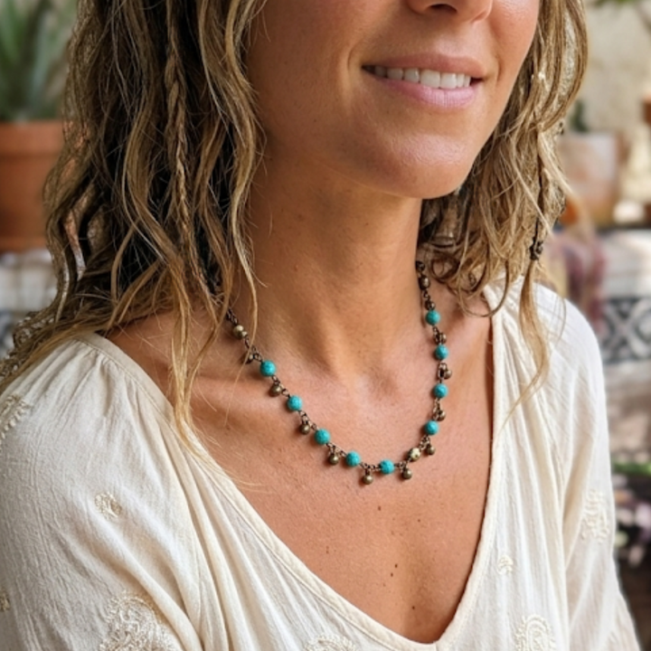 Faceted Turquoise Magnesite & Raw Brass Boho Choker Necklace – 16" to 18"