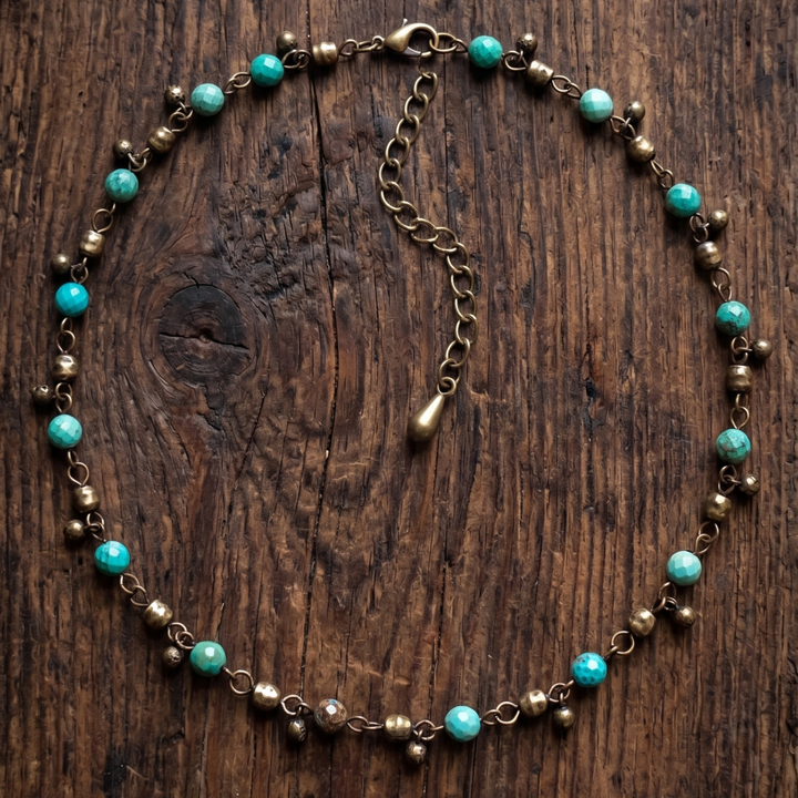 Faceted Turquoise Magnesite & Raw Brass Boho Choker Necklace – 16" to 18"