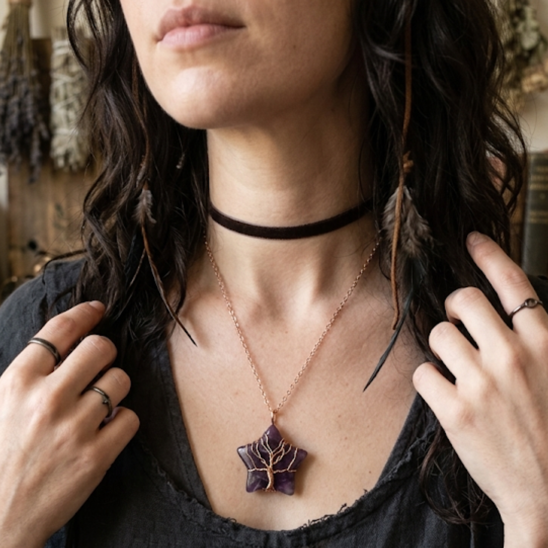 Celestial Star Necklace | Rose Gold Wire-Wrapped Crystal Pendant