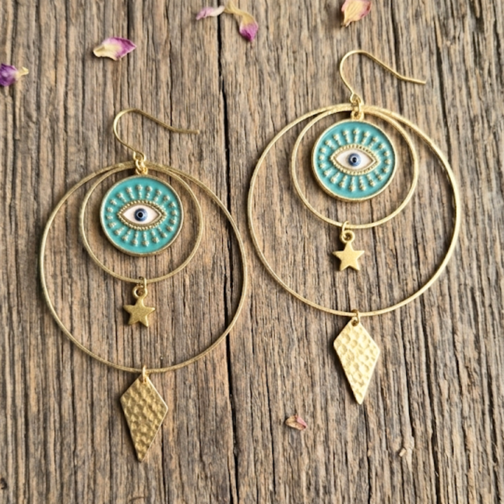 Gold Hammered Brass & Evil Eye Statement Earrings | Celestial Boho Jewelry