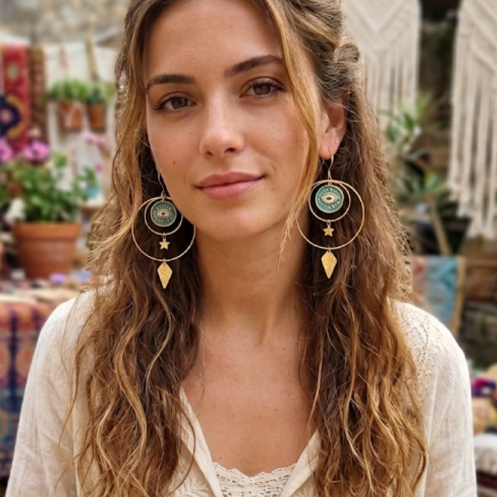 Gold Hammered Brass & Evil Eye Statement Earrings | Celestial Boho Jewelry