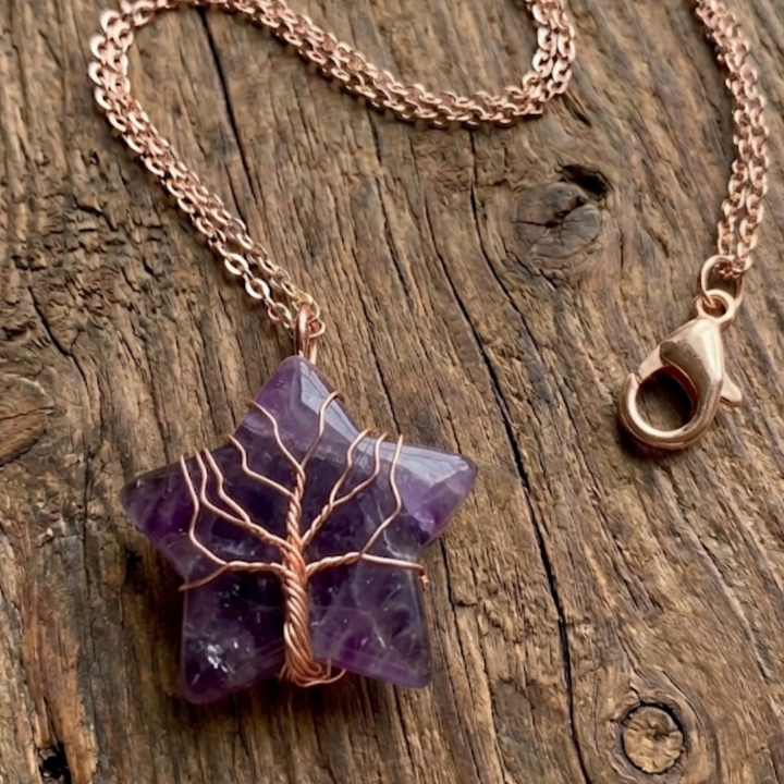 Celestial Star Necklace | Rose Gold Wire-Wrapped Crystal Pendant