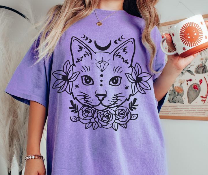 Mystic Cat Graphic Tee | Comfort Colors T-Shirt | Witchy Floral Moon Design
