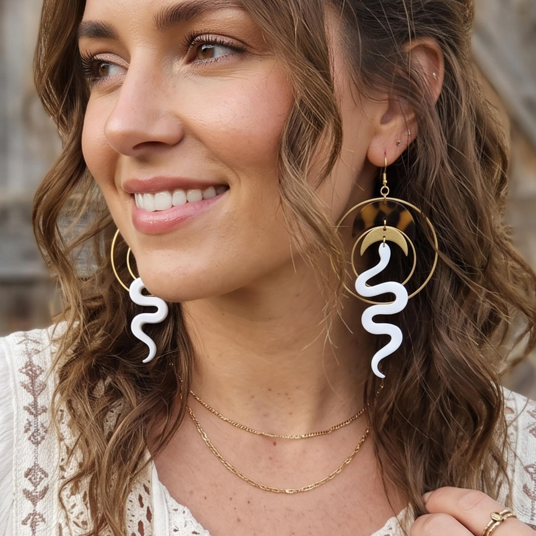 Large Boho Moon & Snake Dangle Earrings - Tortoise & White