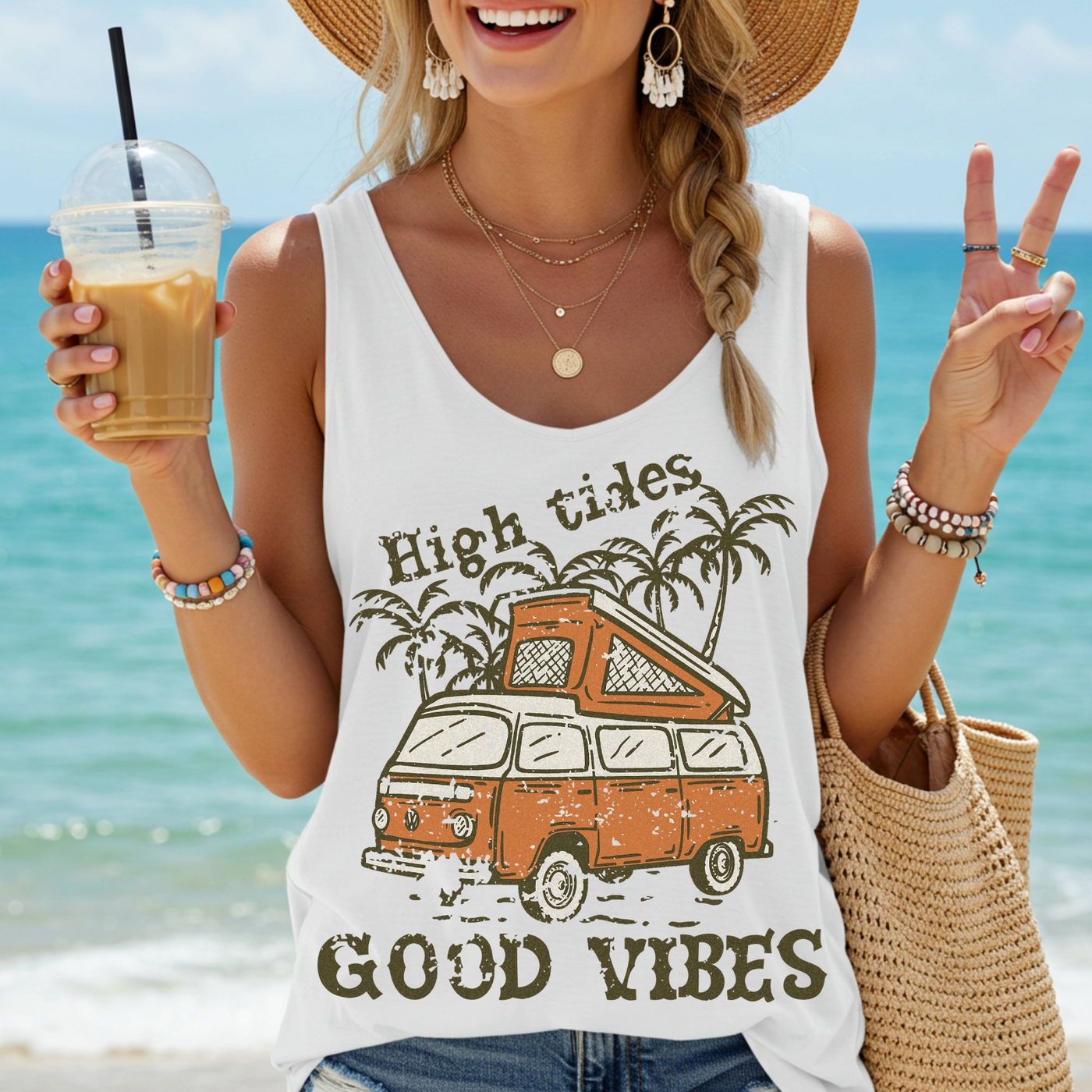 High Tides Good Vibes Women’s Racerback Tank Top – Retro Beach Tank