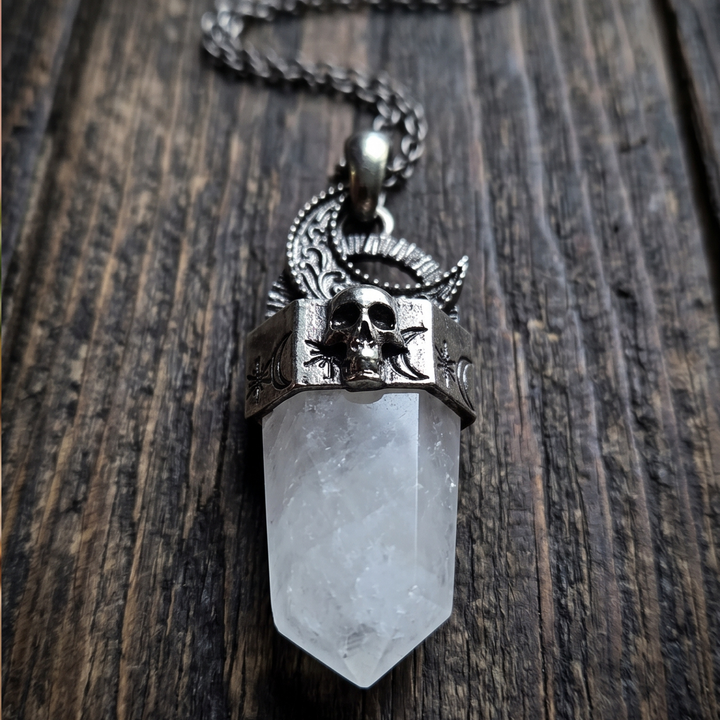 Gothic White Quartz Point Necklace, Gunmetal Skull & Crescent Moon Pendant, Boho Witch Jewelry, 18-Inch Chain