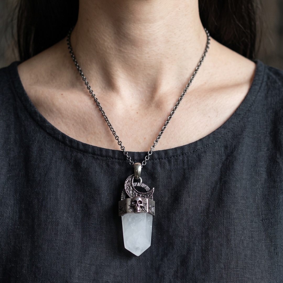 Gothic White Quartz Point Necklace, Gunmetal Skull & Crescent Moon Pendant, Boho Witch Jewelry, 18-Inch Chain