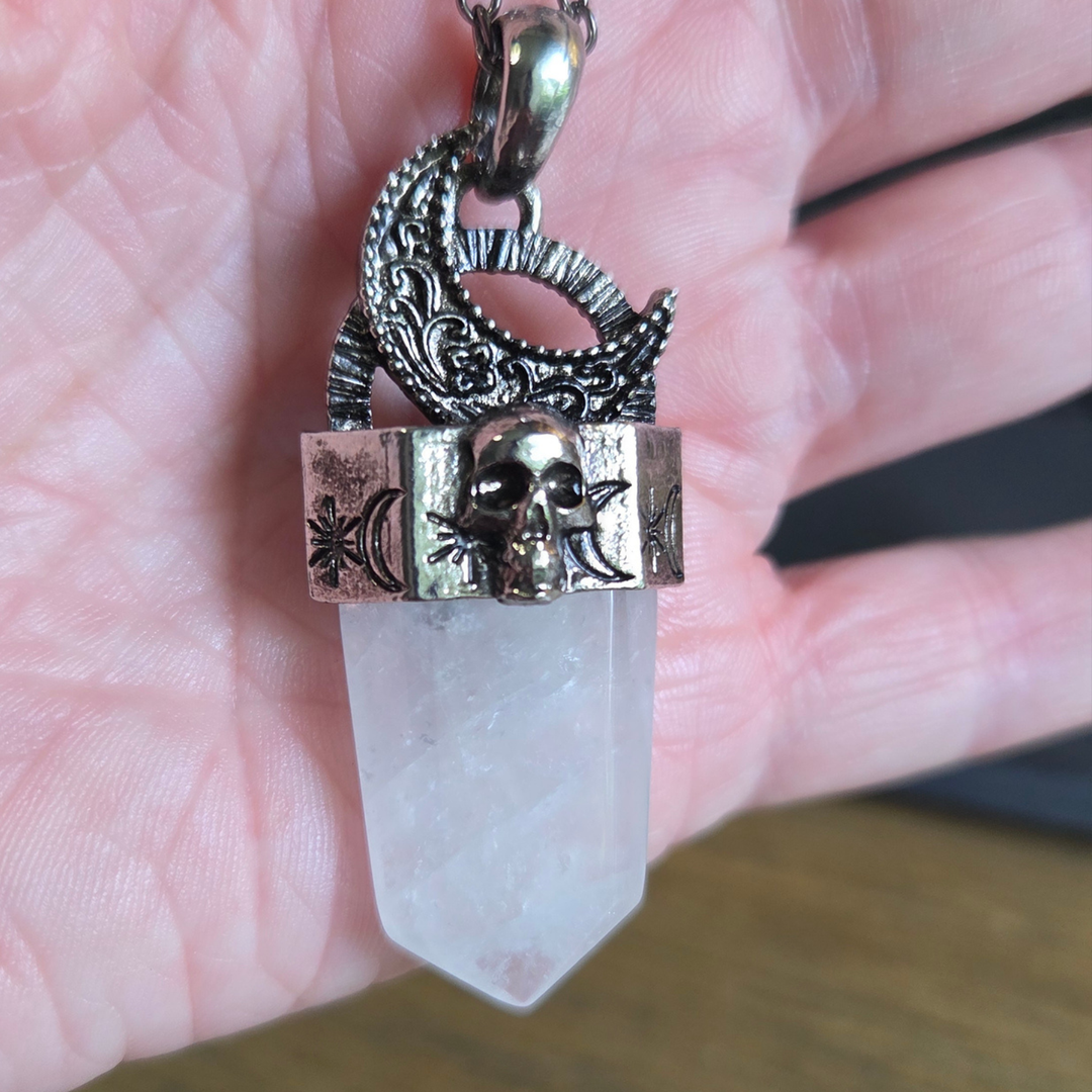 Gothic White Quartz Point Necklace, Gunmetal Skull & Crescent Moon Pendant, Boho Witch Jewelry, 18-Inch Chain