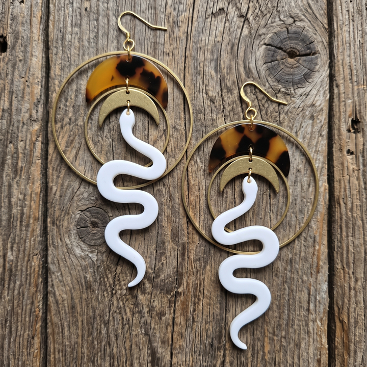 Large Boho Moon & Snake Dangle Earrings - Tortoise & White