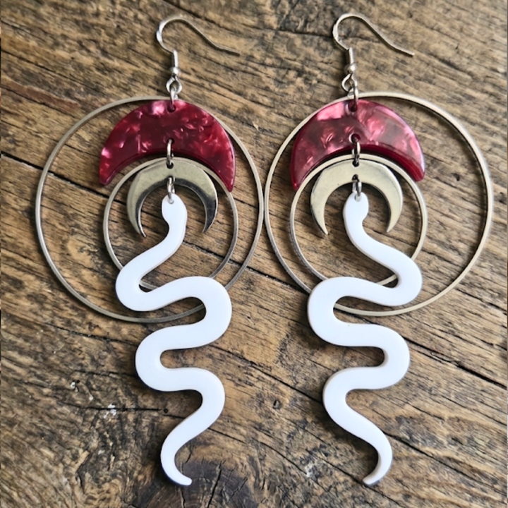 Celestial Serpent Statement Earrings – Fuchsia Moon & White Snake Dangles
