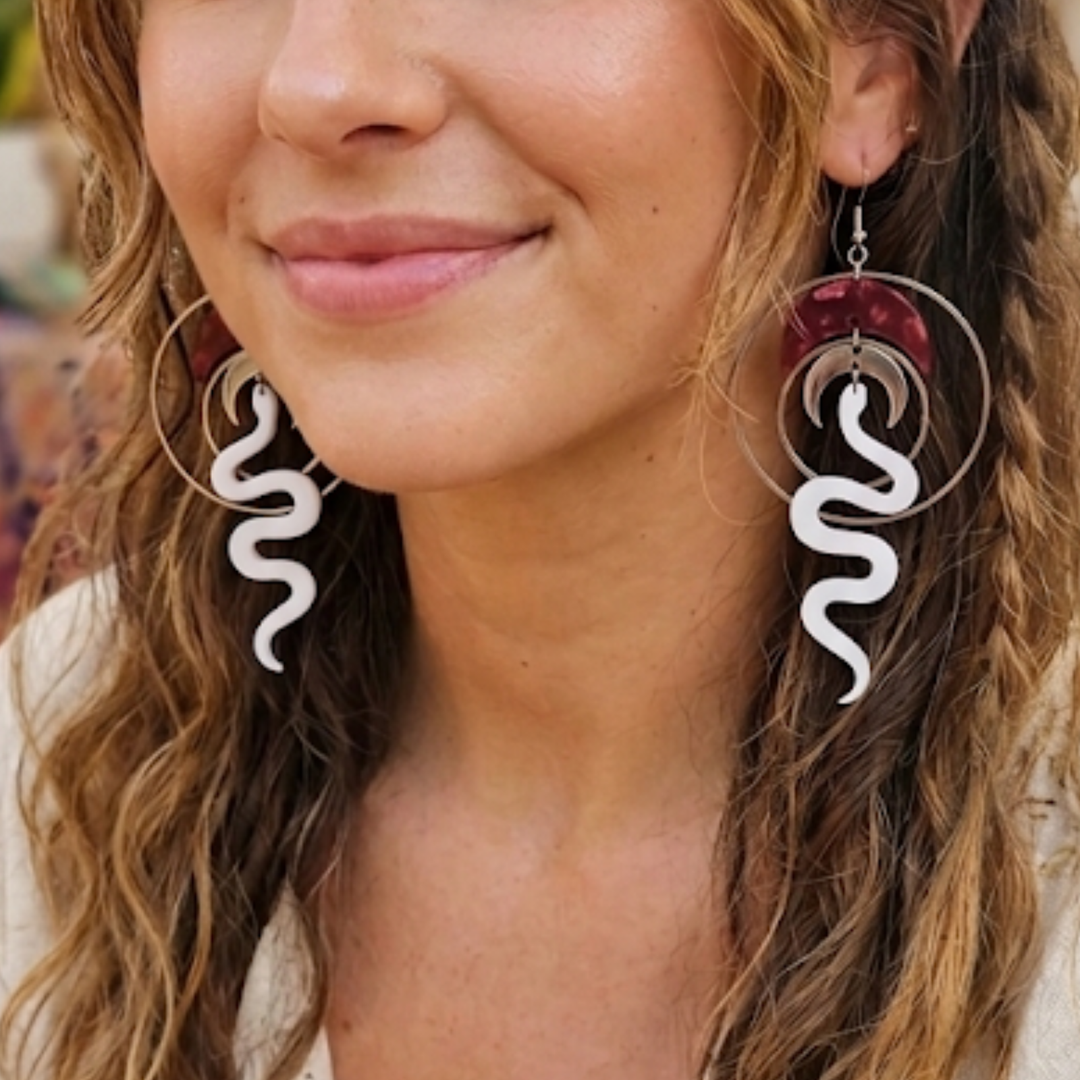 Celestial Serpent Statement Earrings – Fuchsia Moon & White Snake Dangles