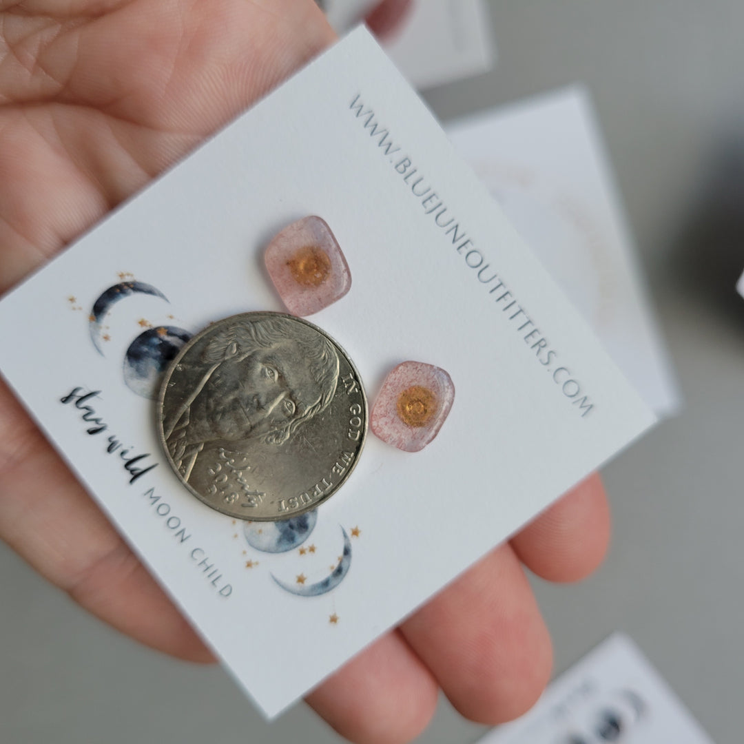 Pair of the studs next to a United States nickel to show size example.  Each gemstone here is approximately 1/3 size of the nickel. 