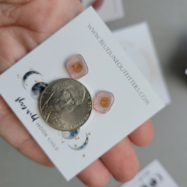 Pair of the studs next to a United States nickel to show size example.  Each gemstone here is approximately 1/3 size of the nickel. 