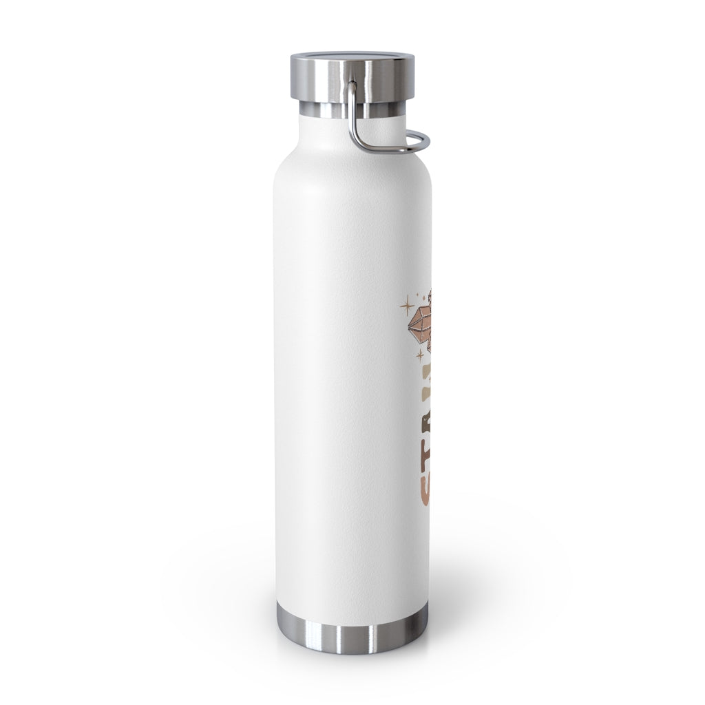 Side view of the white insulated bottle showing that the artwork wraps very slightly to either side. 