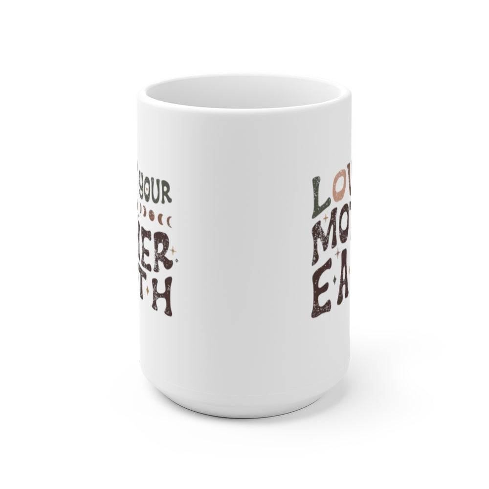 Side view of the white mug to show that artwork is printed on both sides so that it is visible regardless if you are right or left handed. 