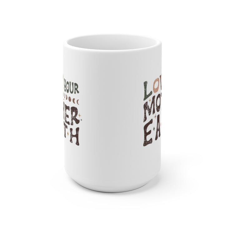 Side view of the white mug to show that artwork is printed on both sides so that it is visible regardless if you are right or left handed. 