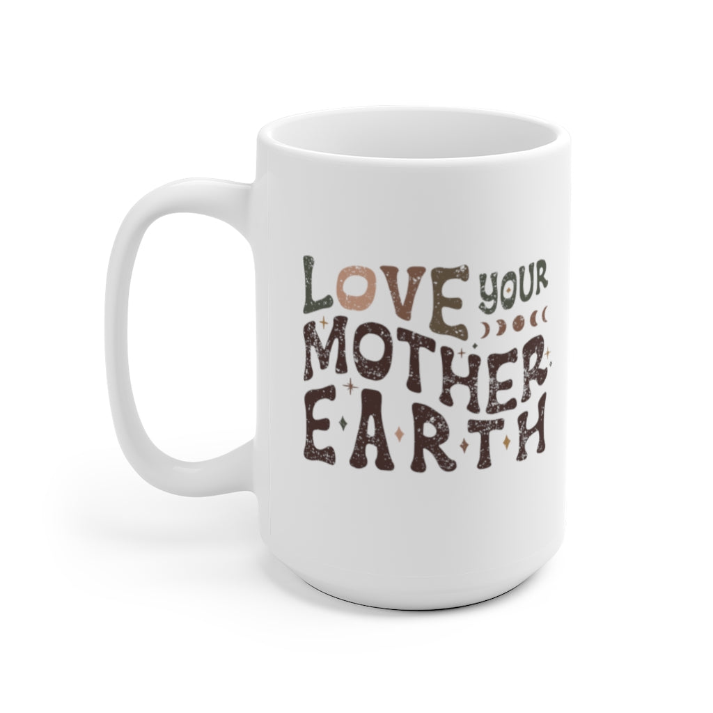 View of the mug with the c-handle on the left. 