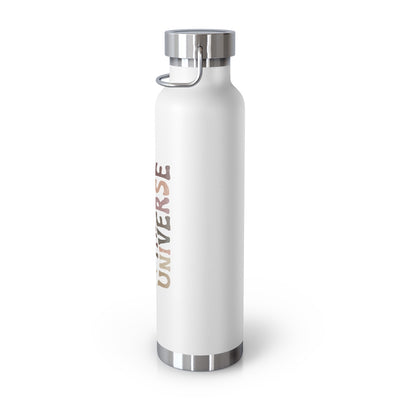 Side view of the white insulated bottle showing that the artwork wraps just slightly around each side. 