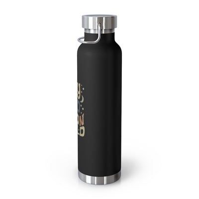 Side view of the black water bottle showing the placement of the artwork which is center on the front and just slightly wraps to the sides. 