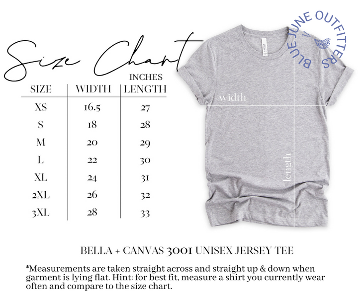 Size chart for the unisex Bella + Canvas 3001 Jersey Tee. Blue June Outfitters offers sizes extra small - XXXL. 