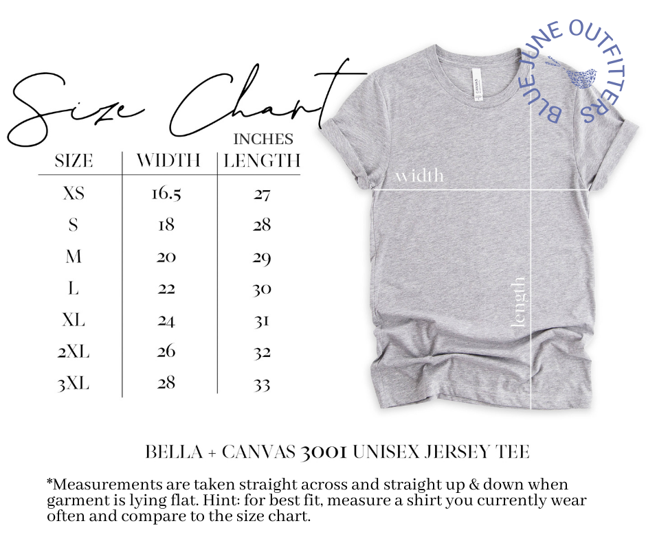 Bella + Canvas 3001 Unisex Jersey Tee size chart.  All measurements are in inches.  Blue June Outfitters offers sizes extra small to 3XL in these tees. 